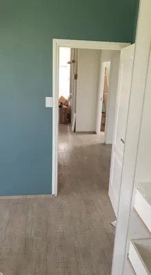 Teal-painted interior room with white door frame, laminate wood flooring, and hallway view during finishing.